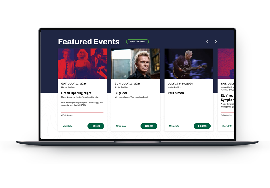 Featured events listing shown on a laptop