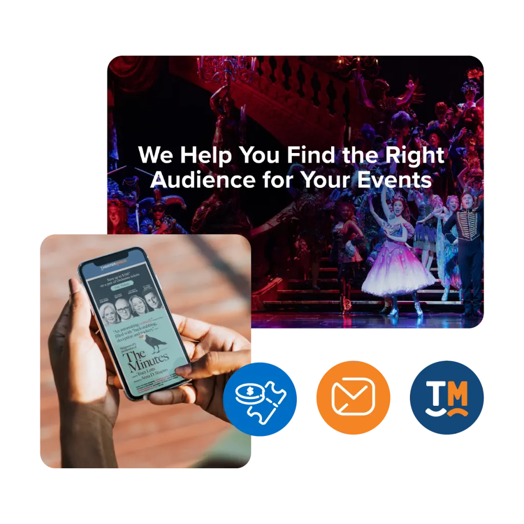 heaterMania event marketing services showing a live theater performance and a person using a mobile app to book tickets for "The Minutes."