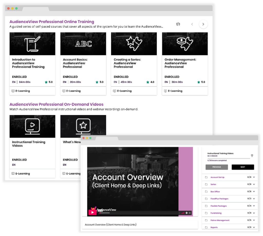AudienceView Professional online training platform and on-demand instructional videos.