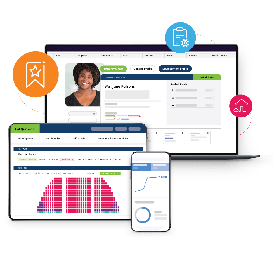 Laptop, tablet, and phone screen showing seating chart and profile