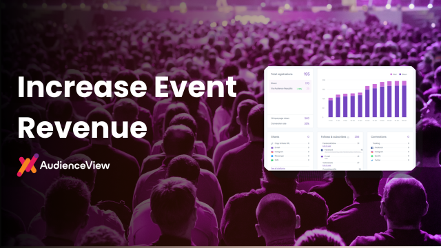 Crowd at a large event with bold white text 'Increase Event Revenue' and a floating analytics dashboard on the right, AudienceView logo bottom left.