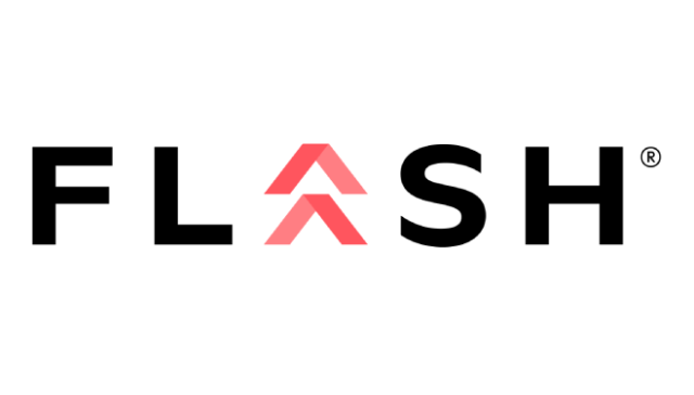 FLASH logo featuring bold black letters with a pink double-chevron forming the A in the center