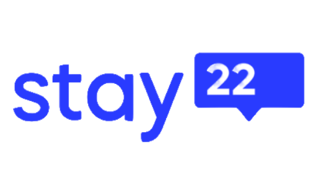 Stay22 logo: the word 'stay' in blue with a blue speech-bubble containing the number 22.