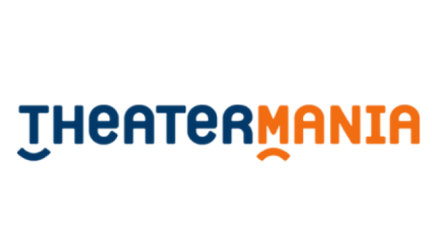 TheaterMania logo in blue 'THEATER' and orange 'MANIA' with a small curved smile under the letters.