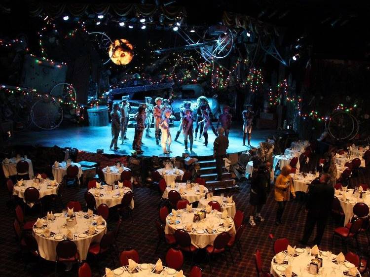 view of a dinner theater performance from the audience