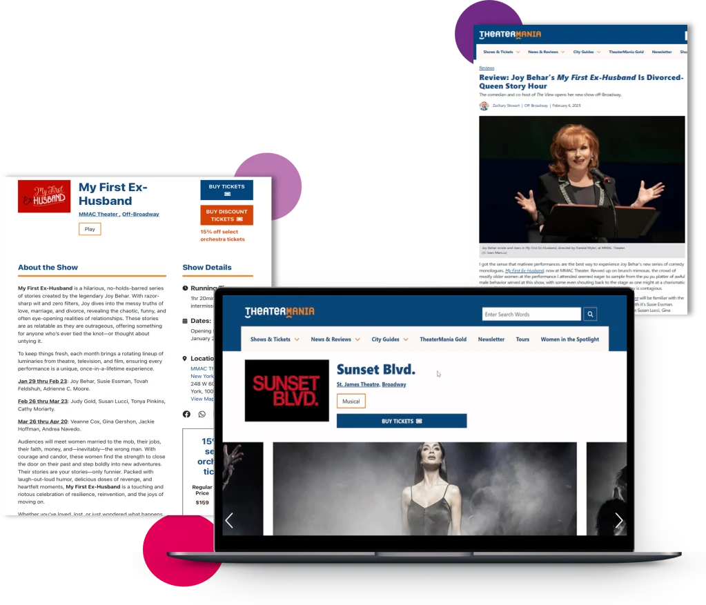 A laptop displaying the TheaterMania website with a feature for the musical Sunset Blvd., layered with mobile and desktop screenshots showing show reviews and ticket booking details for "My First Ex-Husband.