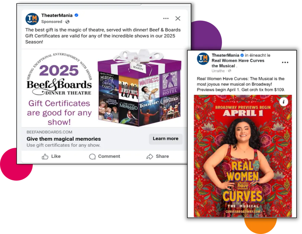 TheaterMania sponsored ads featuring Beef & Boards Dinner Theatre 2025 gift certificates and Broadway previews for "Real Women Have Curves: The Musical."
