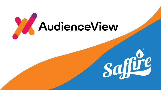 Brand banner showing AudienceView logo with colorful crossed bars on white, plus orange and blue curves and 'Safire' wordmark in white at bottom-right.