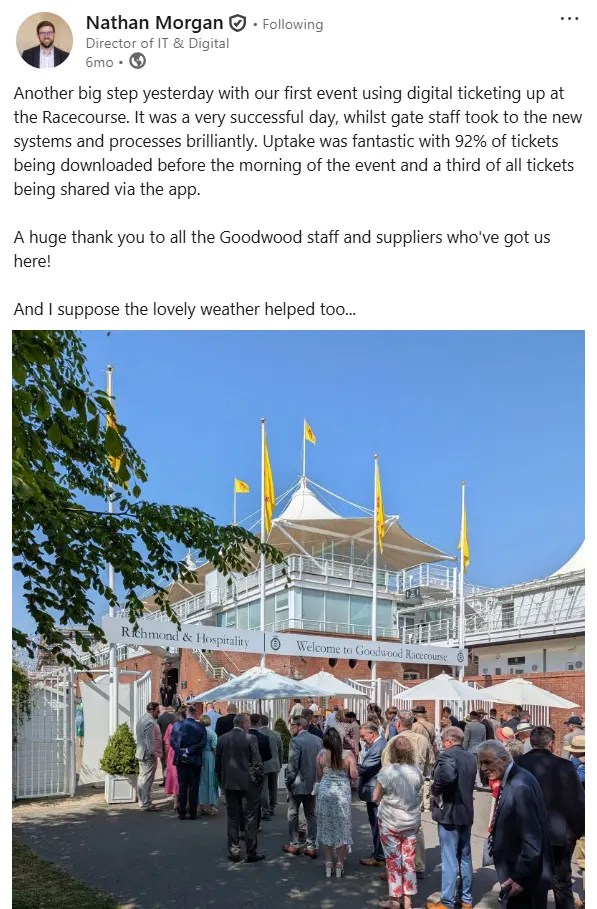 Crowds entering the Richmond & Hospitality gate at Goodwood Racecourse on a sunny day for the first digital ticketing event.