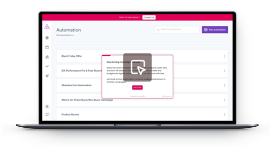 AudienceView platform mockup on a laptop showing a marketing attribution dashboard that turns campaigns into measurable ticket revenue.