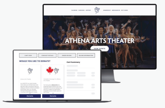 Desktop and laptop screens showing the Athena Arts Theater website and a donation prompt.