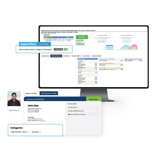 Computer monitor showing transaction reports and a patron profile for John Doe with data filters.