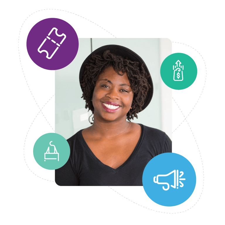 Portrait of a smiling Black woman with curly hair and a black hat, surrounded by colorful icons for ticketing, fundraising, marketing, and merchandise