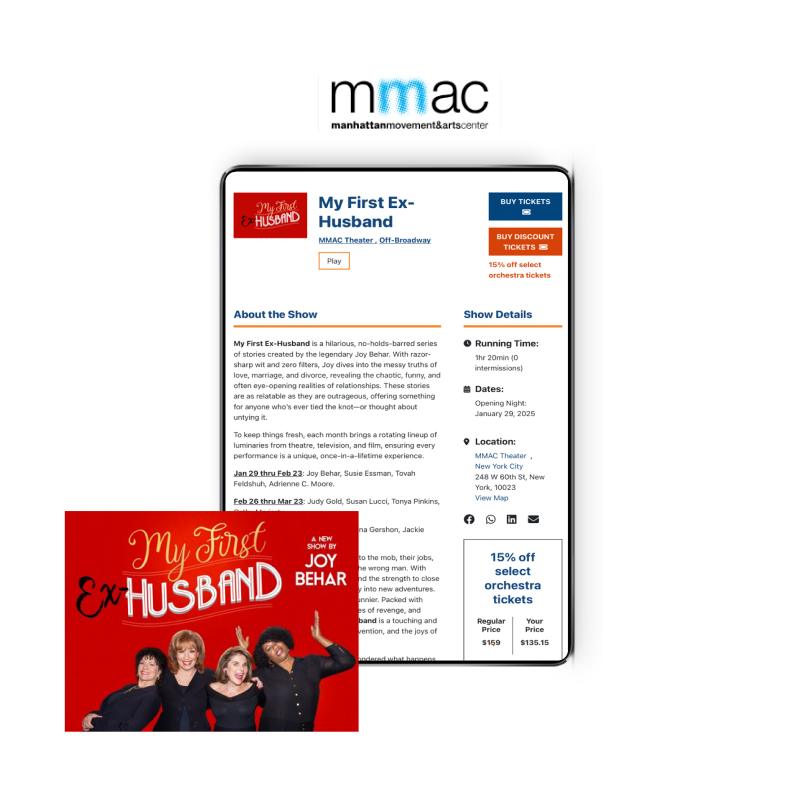 Tablet screen displaying a Manhattan Movement & Arts Center (MMAC) listing for the show "My First Ex-Husband" by Joy Behar, including show details and ticket pricing.