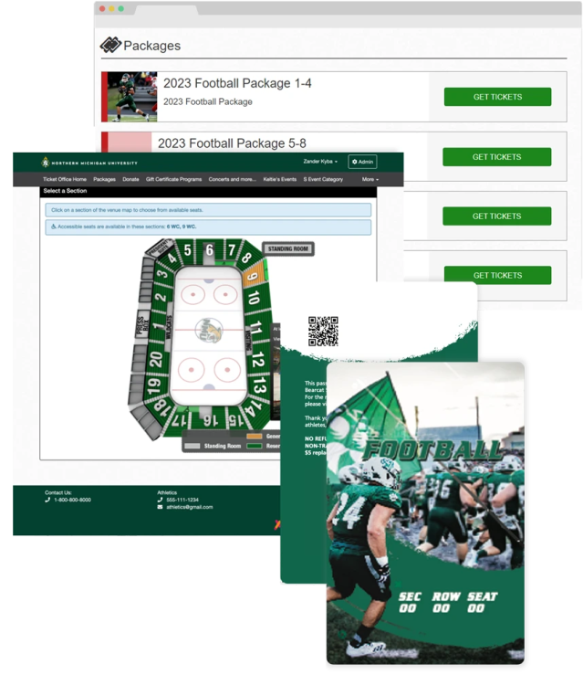 Collage of sports ticketing interface, seating chart, and a football game day digital ticket.