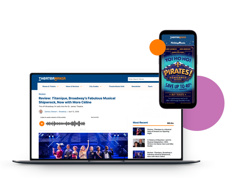 A laptop and smartphone displaying the TheaterMania website, featuring a review of the musical "Titanique" and a promotional ad for "Pirates! The Penzance Musical."