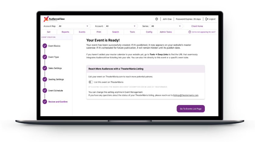 AudienceView Professional dashboard showing a "Your Event is Ready!" confirmation page with a toggle to list the event on TheaterMania.