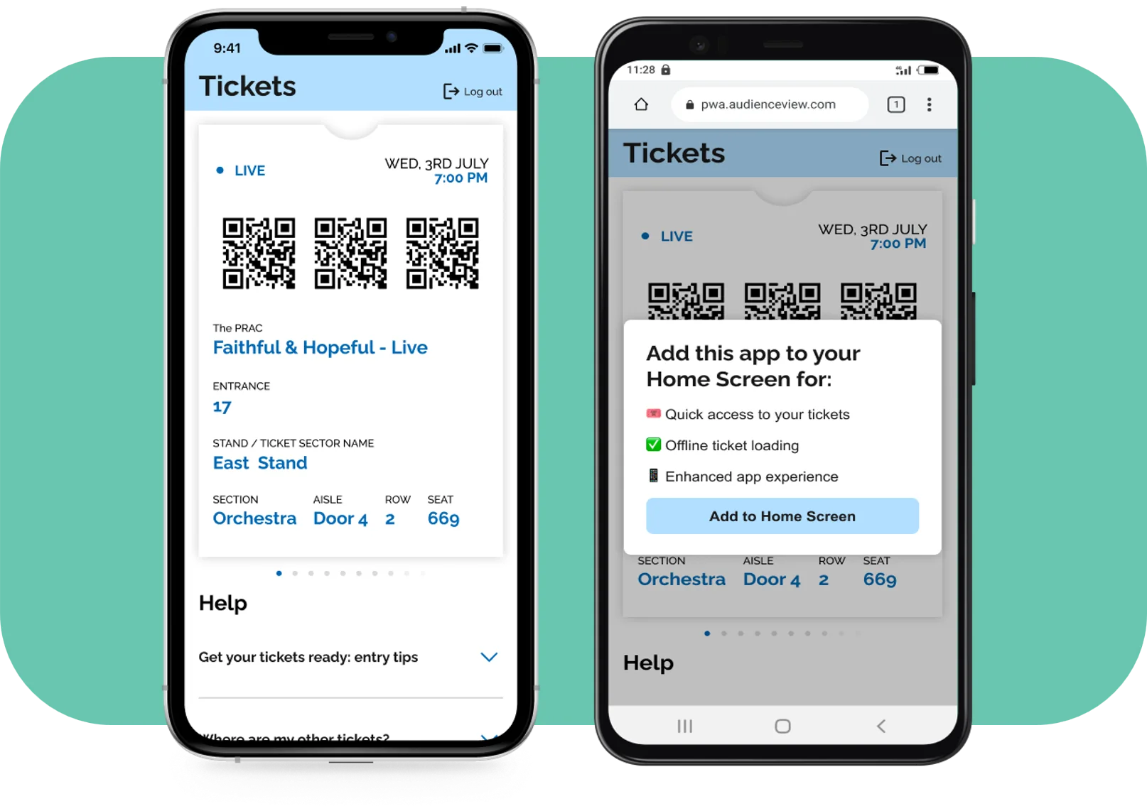 For this image of the mobile ticketing interface, here are three SEO-focused alt text options in English:

Option 1: Functional & Technical (Best for Product Pages)
Alt text: AudienceView mobile ticketing interface showing digital tickets with QR codes and a "Add to Home Screen" prompt for a Progressive Web App (PWA).