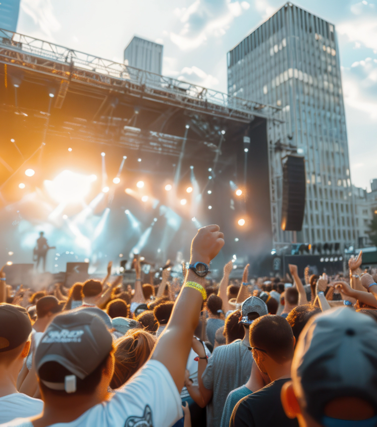Crowd at an outdoor concert raises hands toward a brightly lit stage with city buildings in the background.