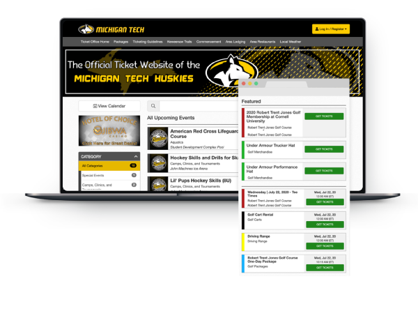 Laptop screen showing Michigan Tech Huskies official ticket site with event list and a Featured tickets panel.