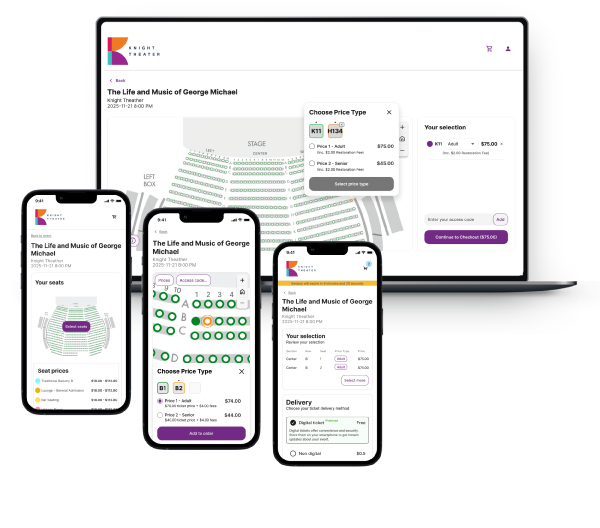Responsive ticketing UI showing seat map and price selection for 'The Life and Music of George Michael' across laptop and mobile screens at Knight Theater, with delivery and checkout options.
