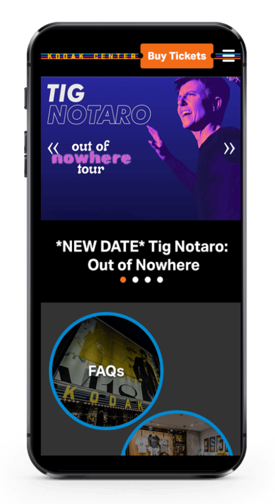 Mobile event site layout leading with a featured show