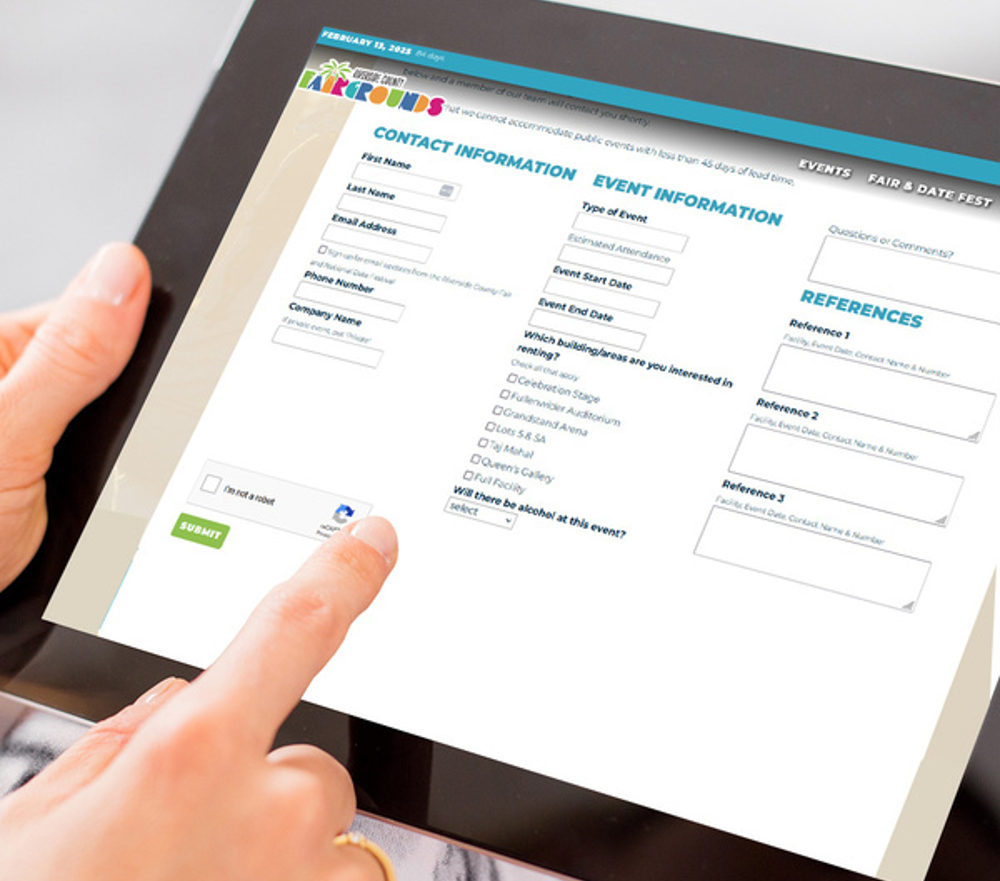 An event enquiry form shown on a tablet, with contact and event information sections